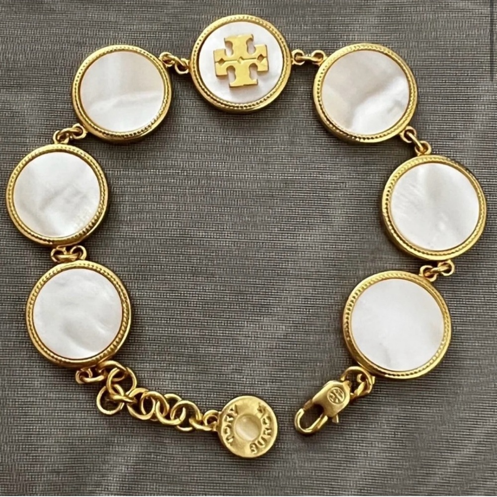 Tory Burch Authentic White Semi-precious mother of pearl coin station bracelet